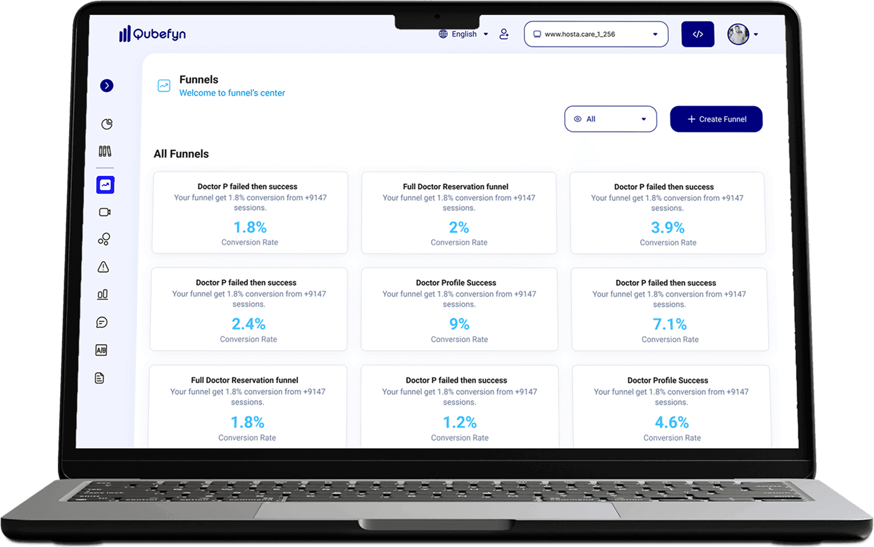 Liste von Conversion-Funnels und Abschlussraten in Qube Analytics