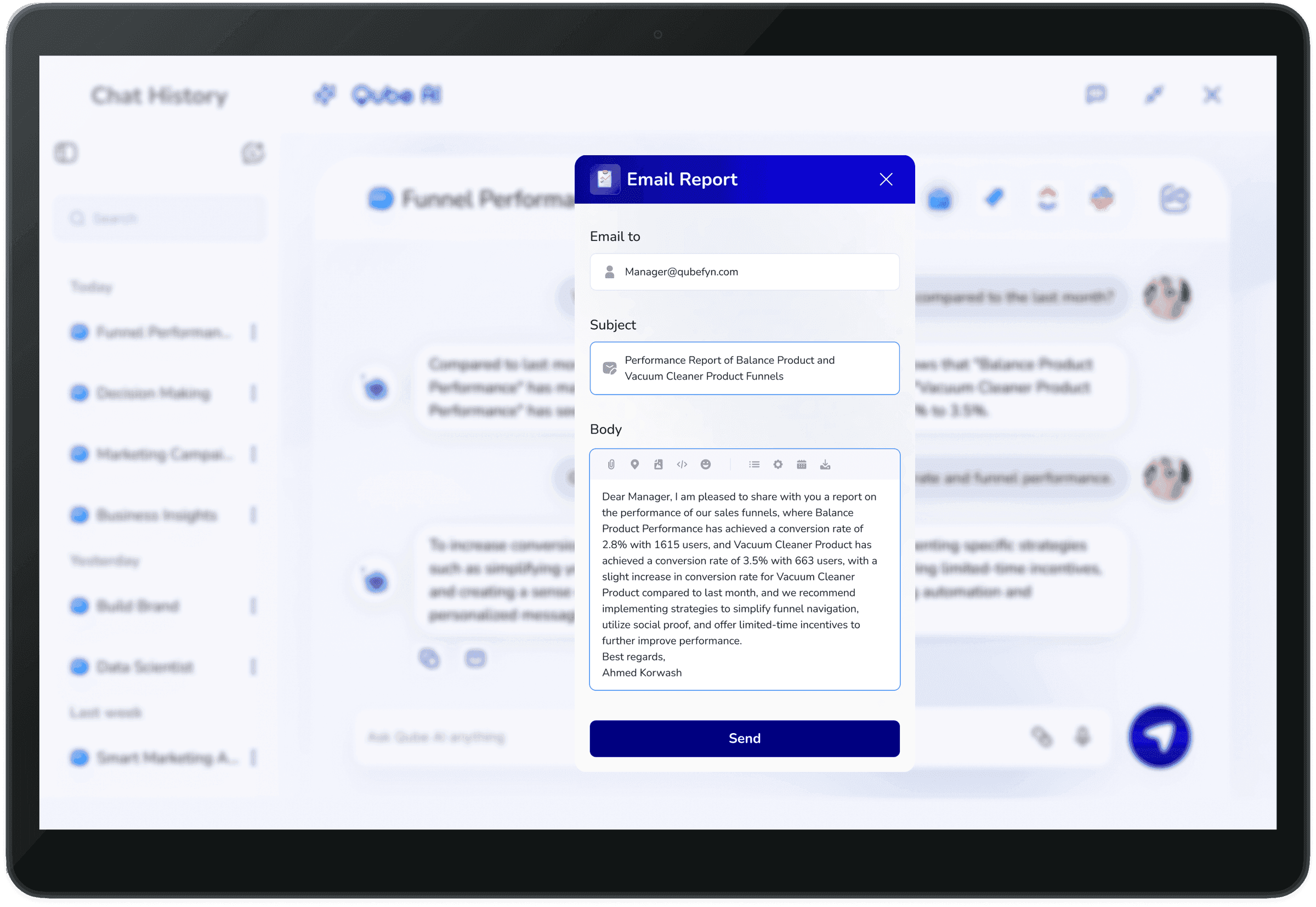 Qube AI für Gespräche mit Geschäftsdaten und Berichte — originale Produktansicht 2